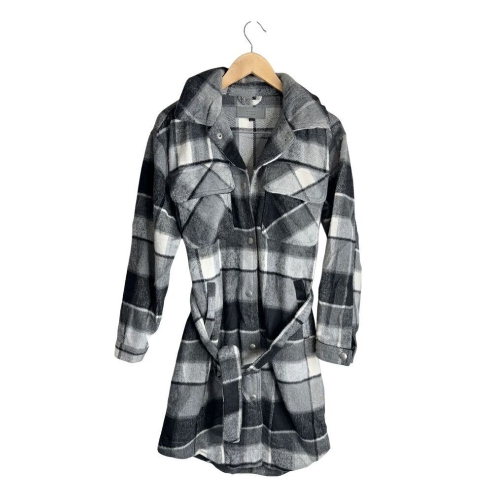 Blank NYC Flannel Jacket Size Small Gray‎ Tie Front Black Buttoned Long Sleeve